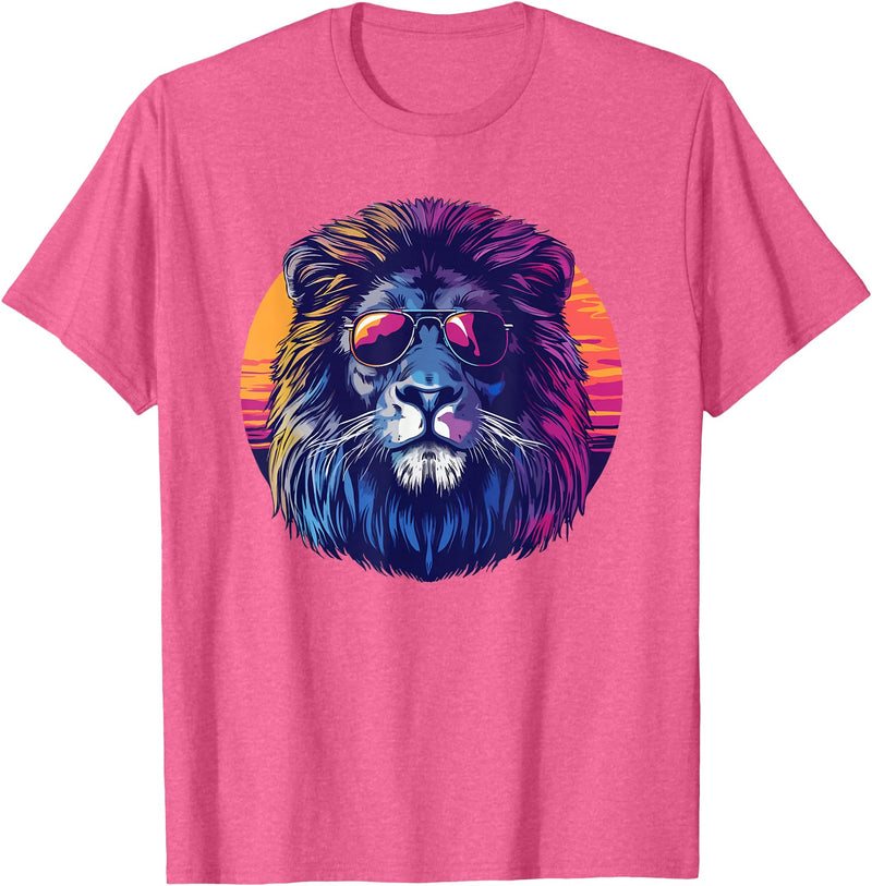 Cool lion gifts Lion gifts for kids Lion gifts men Lion with sunglasses retro sun T-Shirt - Pink Heather