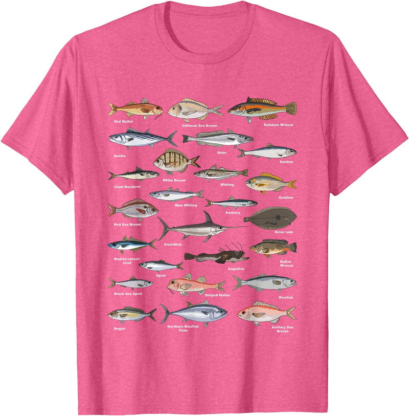 Botanical Chart Apparel Co. Vintage Fish Identification Chart Fishing T-Shirt Small - Pink Heather