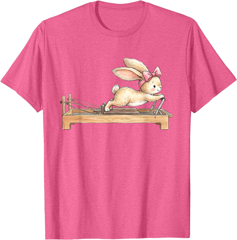 Cute Bunny Doing Pilates Reformer Machine Easter Rabbit T-Shirt in Pink Heather