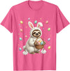 Cute Easter Bunny Rabbit with Eggs Whimsical Sloth Design T-Shirt in Pink Heather