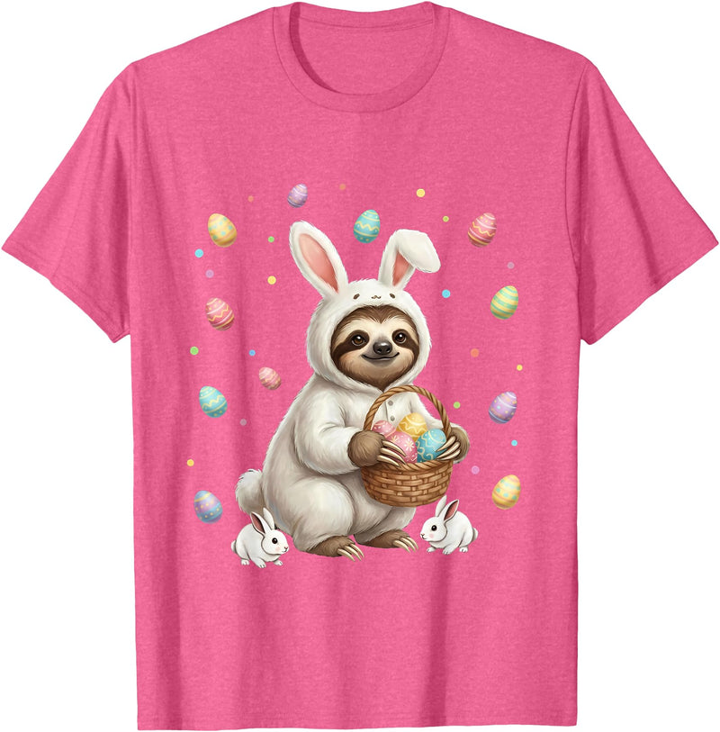 Cute Easter Bunny Rabbit with Eggs Whimsical Sloth Design T-Shirt in Pink Heather
