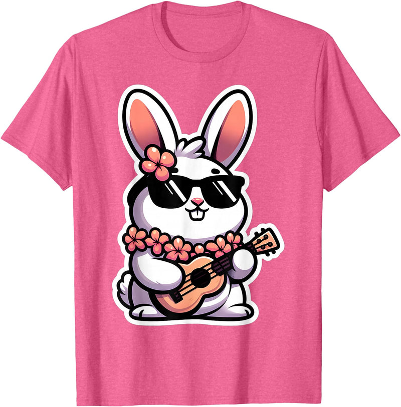 Easter Bunny Rabbit Playing Ukulele Player Musician Hawaii T-Shirt in Pink Heather