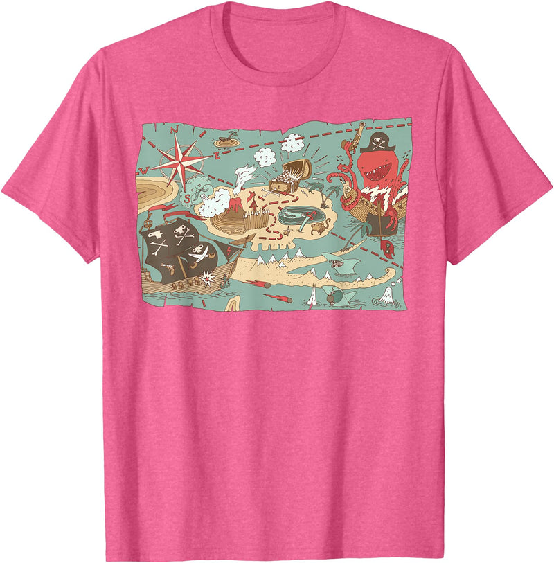 Mel & Bear Treasure Map Ship Sharks Pirates & Skulls Shirt Boys Kids T-Shirt - Pink Heather