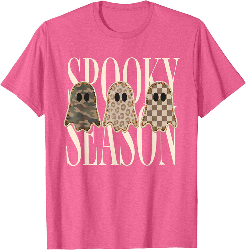 Spooky Season Ghost Halloween Shirt Spooky Season Leopard Camo Checkered Ghost Halloween Fall T-Shirt - Pink Heather