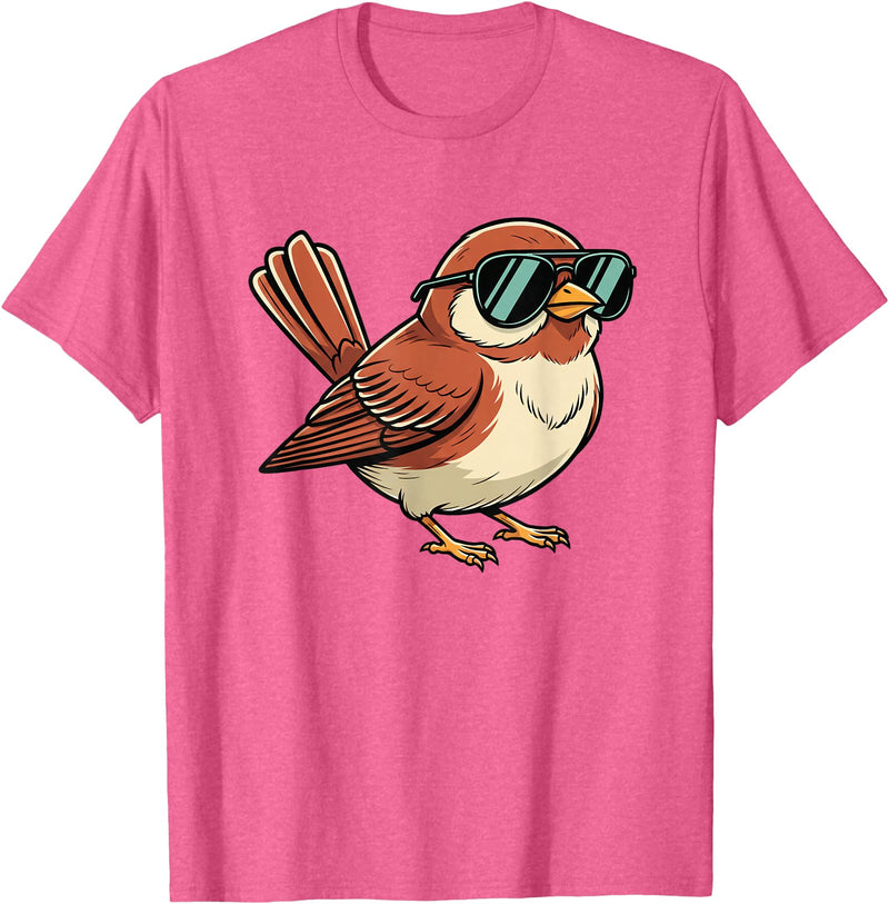 Chipper Feather Co Bird: Sparrow in Sunglasses, Cool Cartoon Avian Attitude T-Shirt - Pink Heather