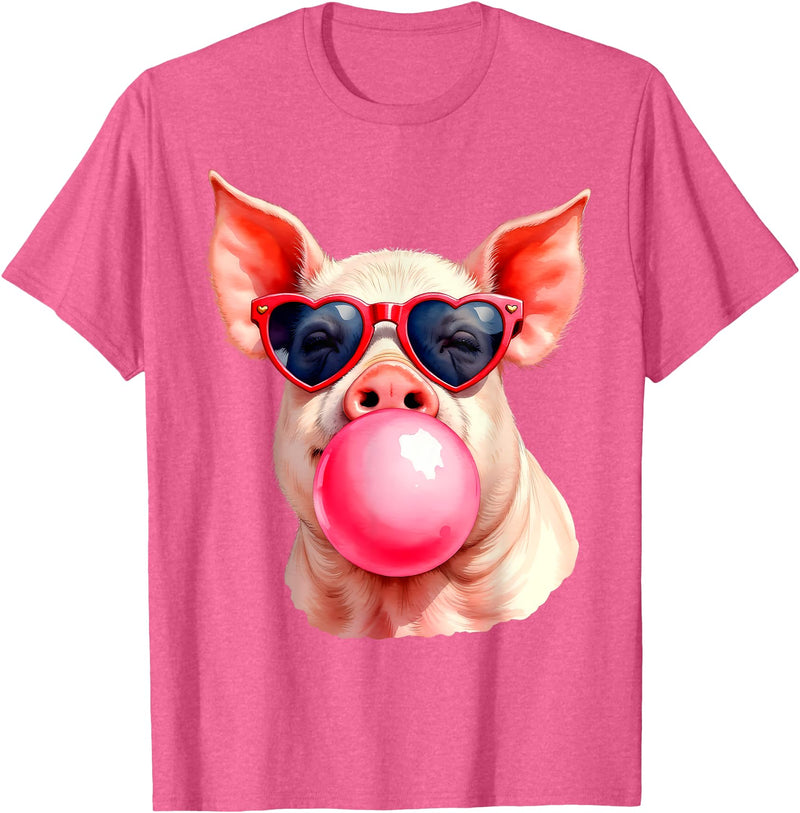 Pig Humor Designs Womens Pig Blowing Bubble Funny Pig T-Shirt - Pink Heather