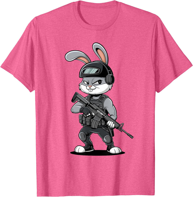 Armed Bunny Easter Military Rabbit Graphic for Men T-Shirt in Pink Heather