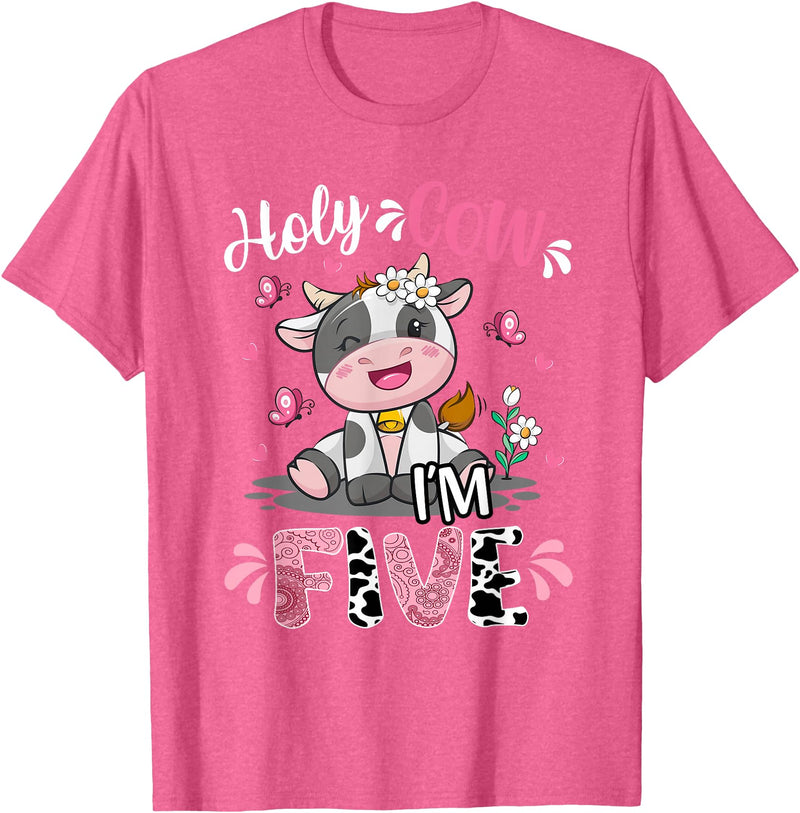Cow Themed Birthday Party Supplies For Girl 5th Holy Cow I'm Five 5 Years Old 5th Birthday Girl Outfit T-Shirt - Pink Heather