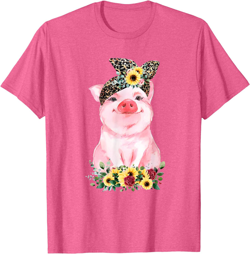 Pig Leopard Headband Flower Tees Pig With Leopard Headband Flower Cute Pig Lover T-Shirt - Pink Heather