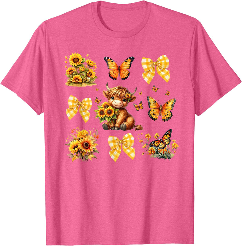 Coquette Bow Scottish Highland Cow Sunflower Shirt Baby Highland Cow With Sunflower Butterflies Farm Western T-Shirt - Pink