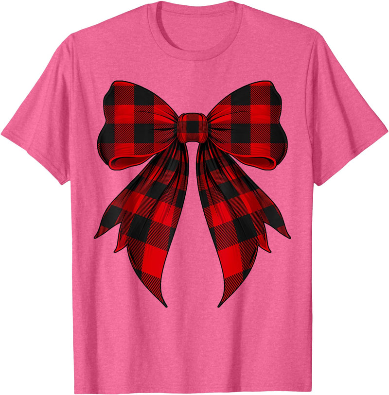 Buffalo Tartan Coquette Aesthetic Women Gifts Coquette Bow Red Black Buffalo Tartan Checkered Plaid T-Shirt - Pink Heather