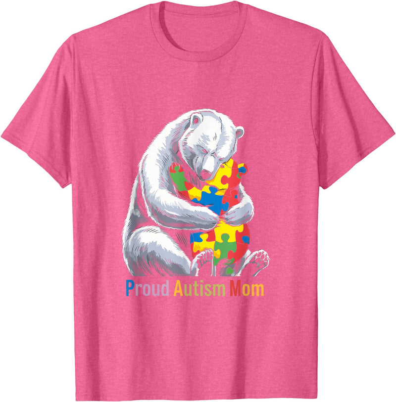 Autism Mama Mom Bear Support Autism Proud Autism Mom Bear Autism Awareness Month T-Shirt - Pink Heather
