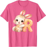 Letter R Rabbit Watercolor Cute Baby Animal Alphabet Initial T-Shirt in Pink Heather