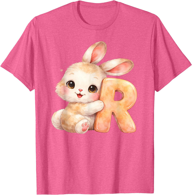 Letter R Rabbit Watercolor Cute Baby Animal Alphabet Initial T-Shirt in Pink Heather