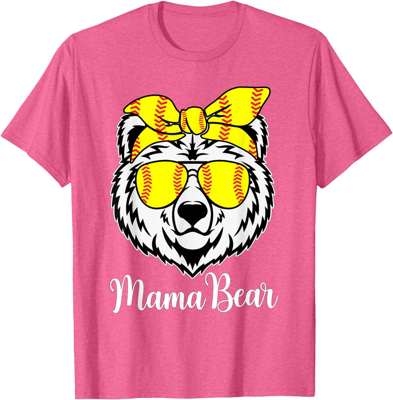 Mama Bear Face Apparel Softball Mama Bear With Sunglasses Bandana Momma Mothers Dy T-Shirt - Pink Heather