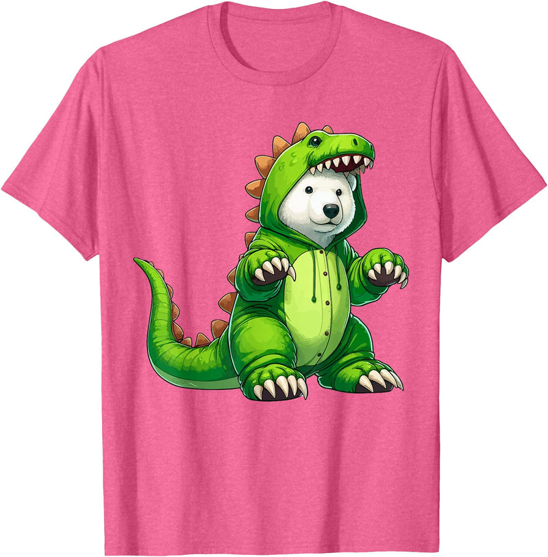 Scary Polar Bear Dinosaur Halloween Lazy Costume Polar Bear Wearing Dinosaur Costume Halloween Cosplay T-Rex T-Shirt - Pink Heather