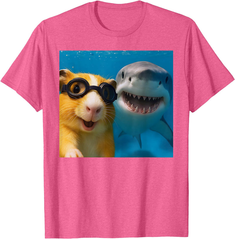 Selfie Guinea Pig and Shark Summer Scuba Diving Funny Guinea Pig Selfie with Shark Ocean Lovers T-Shirt - Pink Heather