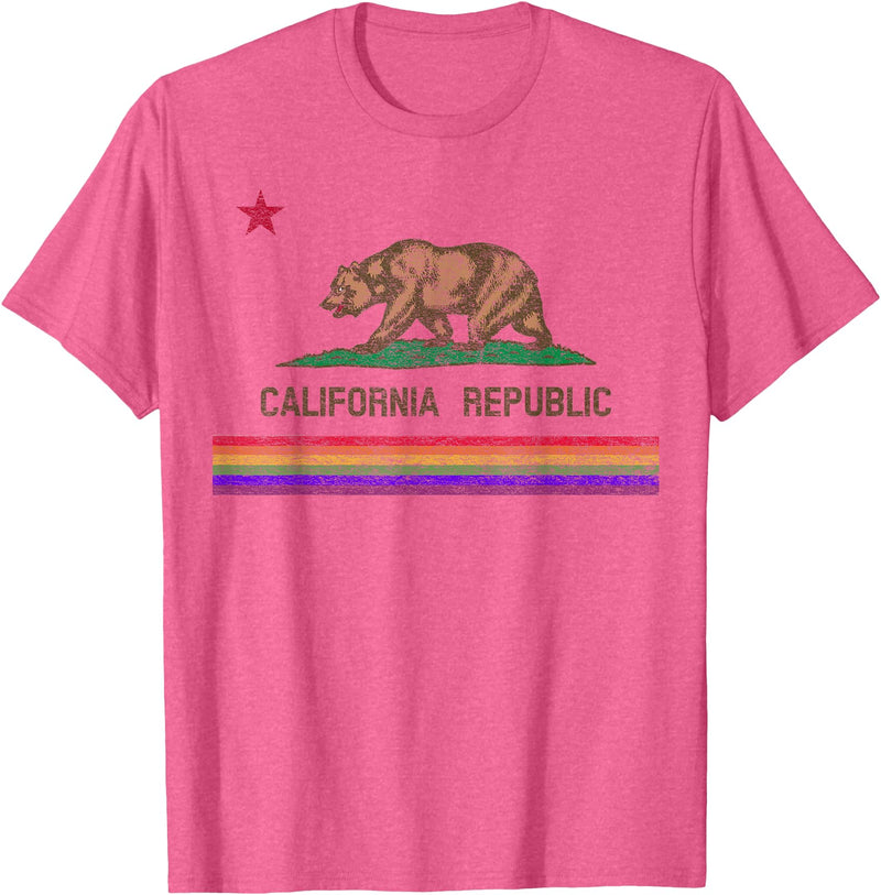 CALIFORNIA STATE FLAG LGBTQ GAY PRIDE RAINBOW TEES CALIFORNIA STATE FLAG BEAR LGBTQ GAY PRIDE RAINBOW PARADE T-Shirt - Pink Heather