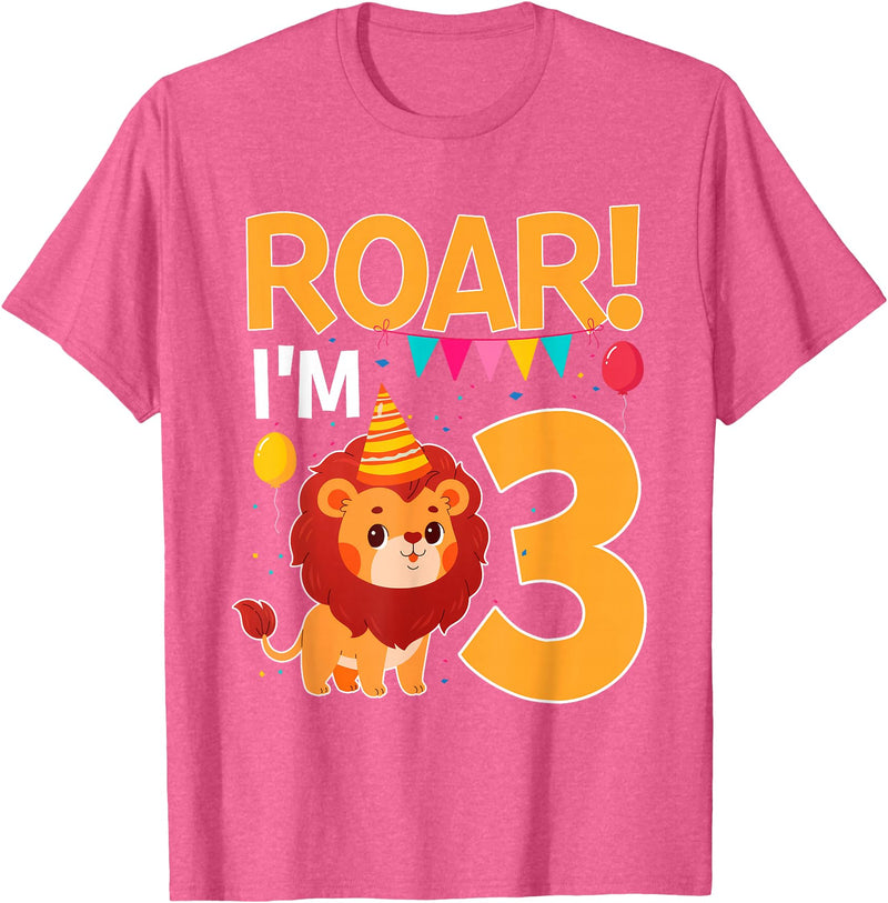 Lion 3rd Birthday Gift Roar I'm 3 Birthday Lion Theme 3 Year Old Lion Lover T-Shirt - Pink Heather