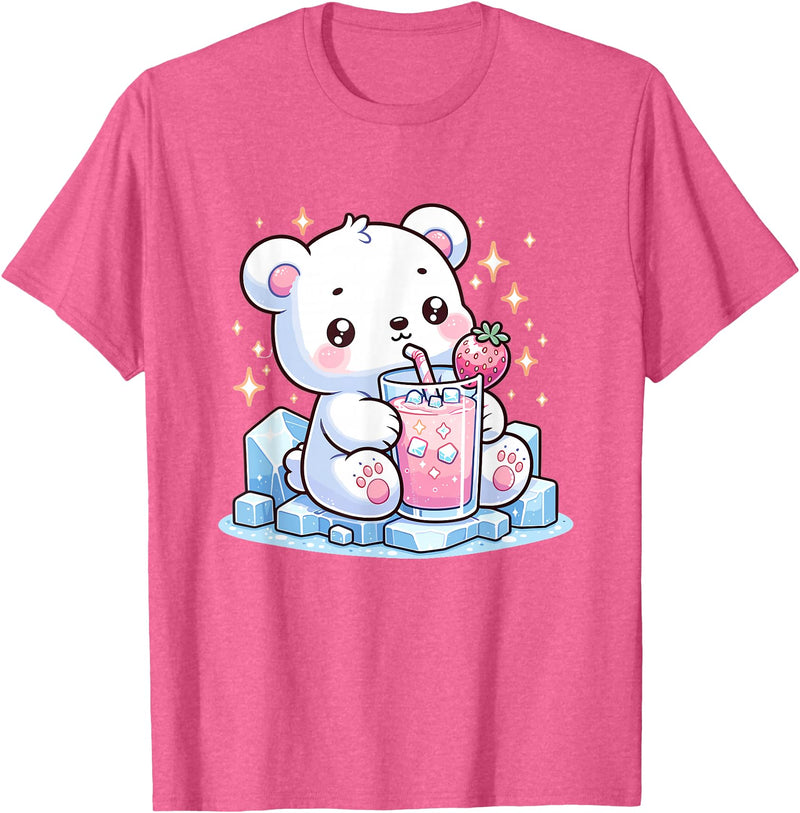 Cute Japanese Kawaii Animals Drinking Milk Co. Cute Kawaii Style Polar Bear Drinking Strawberry Milk T-Shirt - Pink Heather