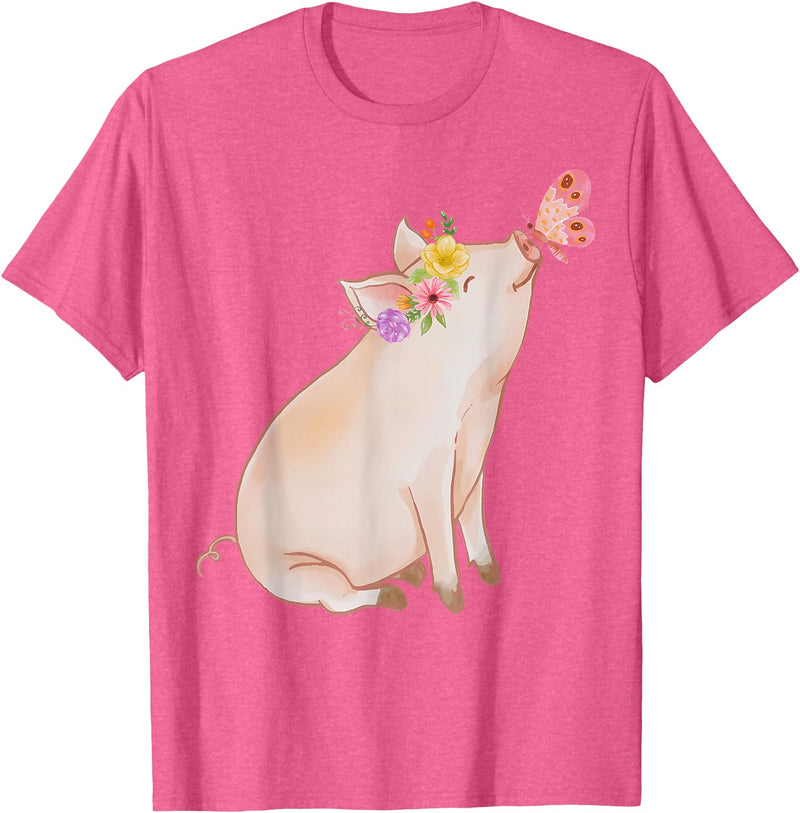 Watercolor Pink Pig With Floral And Butterfly Farm Design T-Shirt - Pink Heather