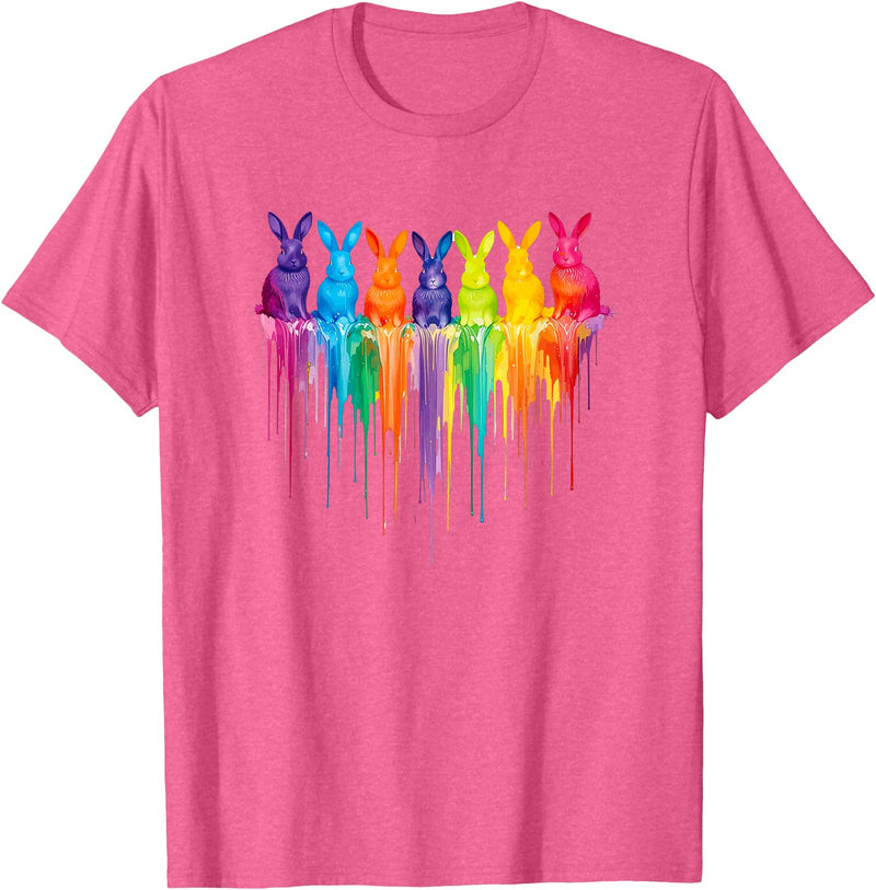 Vibrant Rainbow Bunnies Dripping Colors Easter T-Shirt in Pink Heather