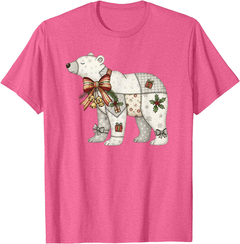 Cute Polar Bear Xmas Quilt Winter Holiday Patchwork Polar Bear Cute Christmas Quilt T-Shirt - Pink Heather