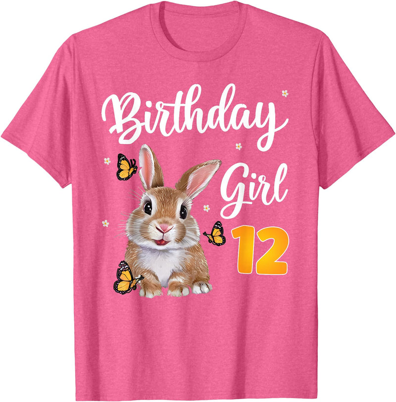 Bunny Rabbit Birthday Girl 12th Birthday Party 12 Years Old T-Shirt in Pink Heather