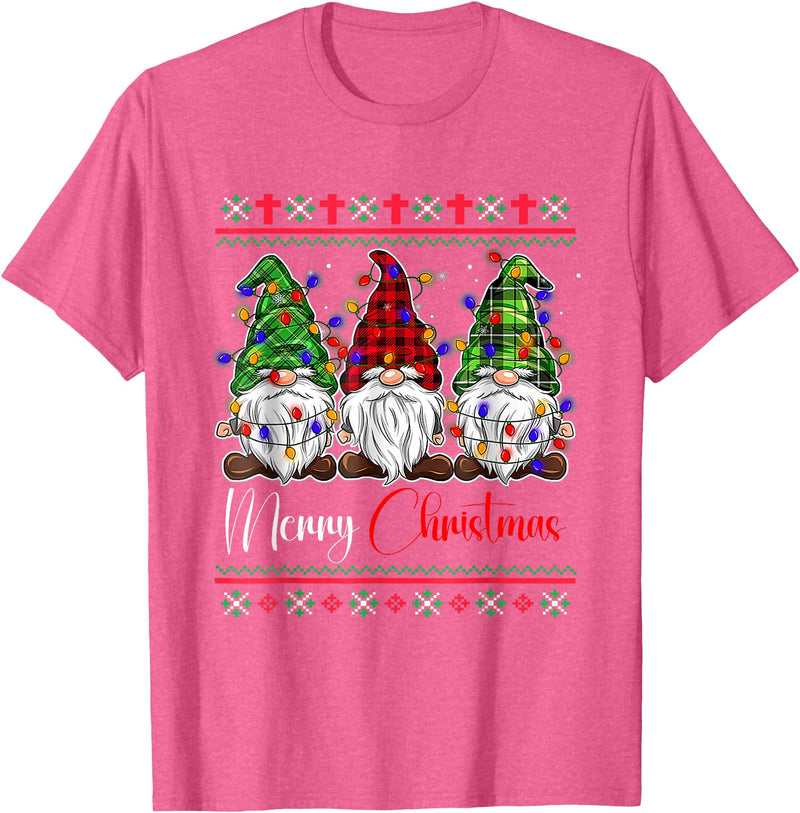 Xmas Lights Gnomes Holiday Graphics Merry Christmas Leopard Buffalo Red Plaid for Men Women T-Shirt - Pink Heather
