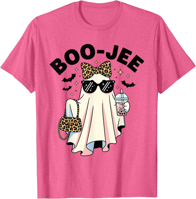 Boo-Jee Ghost Halloween Tees for Women Women Girls BOU-JEE Ghost Boba Leopard Sassy Halloween T-Shirt - Pink Heather