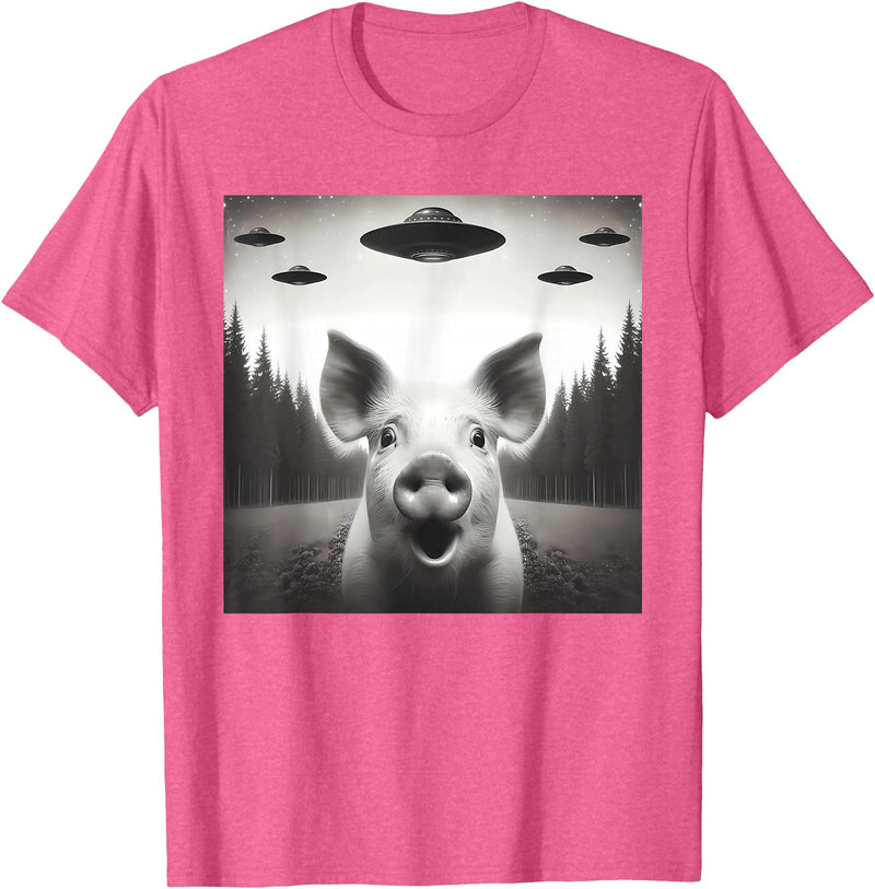 Funny Pig Selfie With UFOs Funny Pig Selfie UFO Alien Humor Vintage Print Art Design T-Shirt - Pink Heather