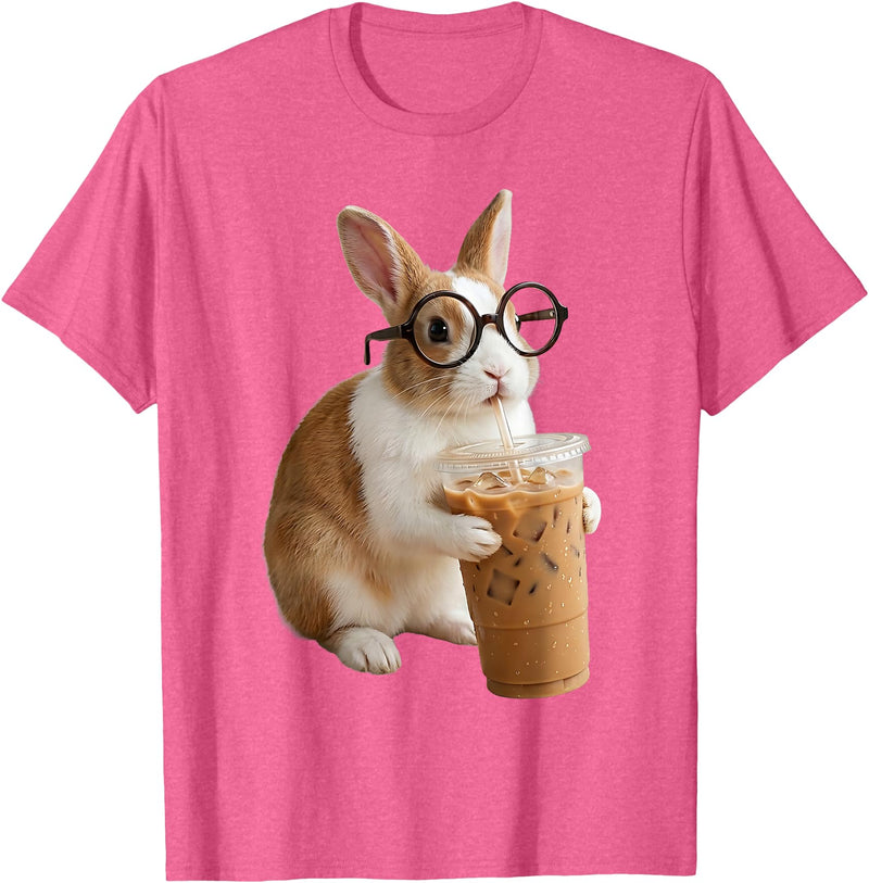 Funny Easter Bunny Drinking Iced Coffee Cute Rabbit Lovers T-Shirt in Pink Heather
