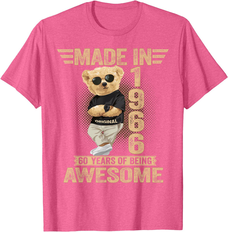 Vintage 60th Birthday 2026 Gifts Men Women 1966 60 Year Old Made in 1966 Teddy Bear 60th Birthday Men Women T-Shirt - Pink Heather