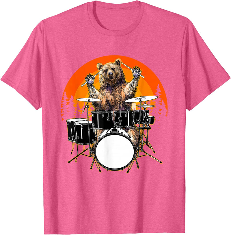Drum Instrument Drummer Apparel Musical Animal Bear Playing Drums For Drum Lover And Musical Drummer Lover T-Shirt - Pink Heather