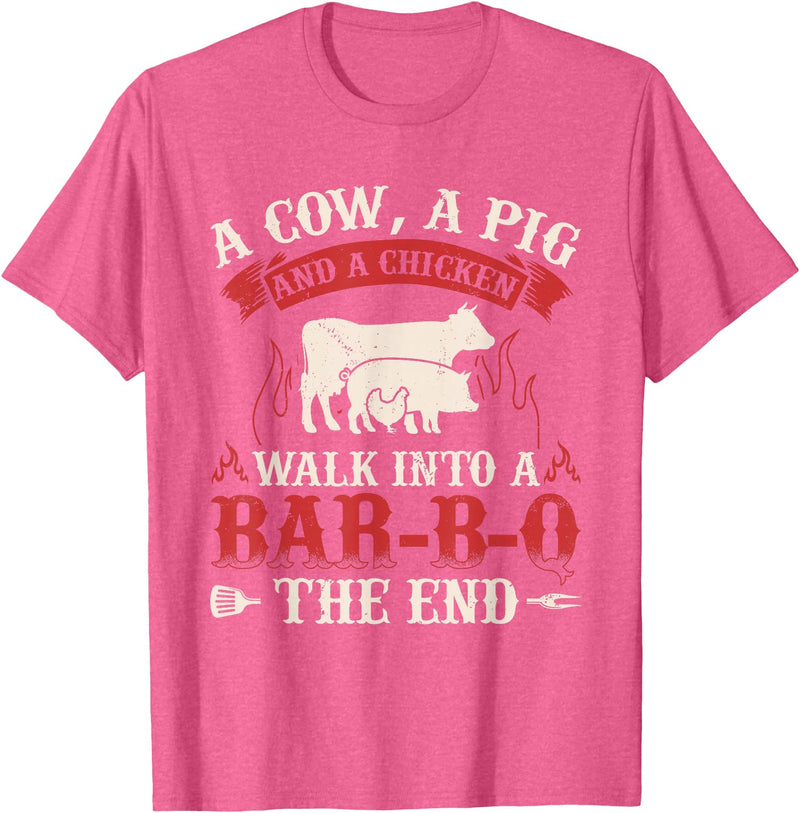 Funny Barbecue Lover Gifts & BBQ Fan Outfits Funny Barbecue Cow Pig Chicken Graphic Meat Smoking BBQ T-Shirt - Pink Heather