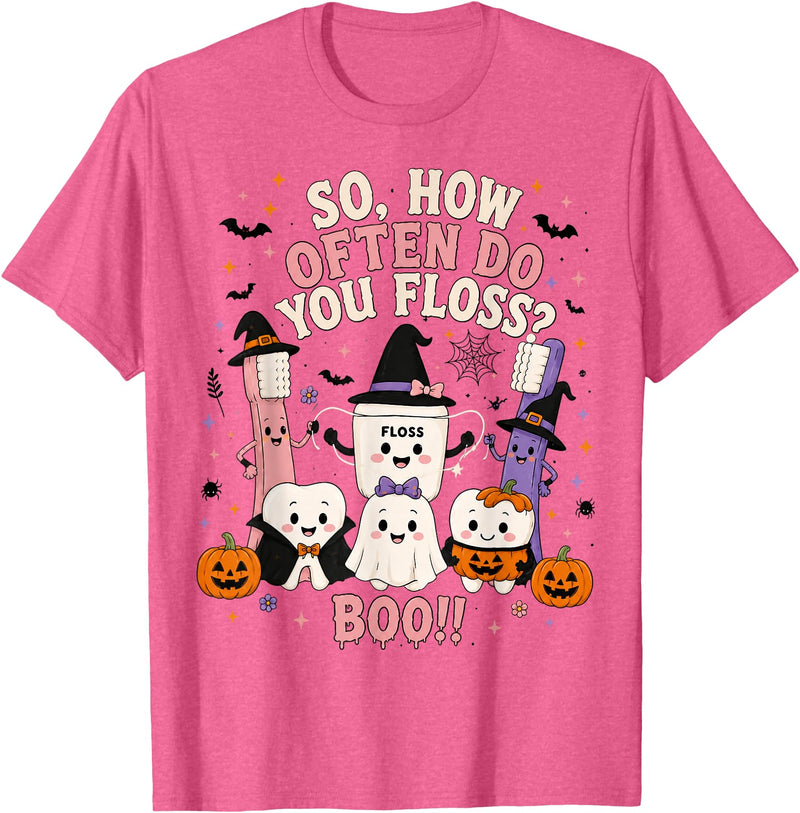Funny Dental Dentist Halloween Tees How Often Do You Floss Funny Halloween Dentist Dental T-Shirt - Pink Heather