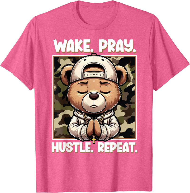Camouflage Hip Hop Teddy Bear Hustle Grind Designs Wake Pray Hustle Repeat Hip Hop Teddy Bear Boys Teens Camo T-Shirt - Pink Heather