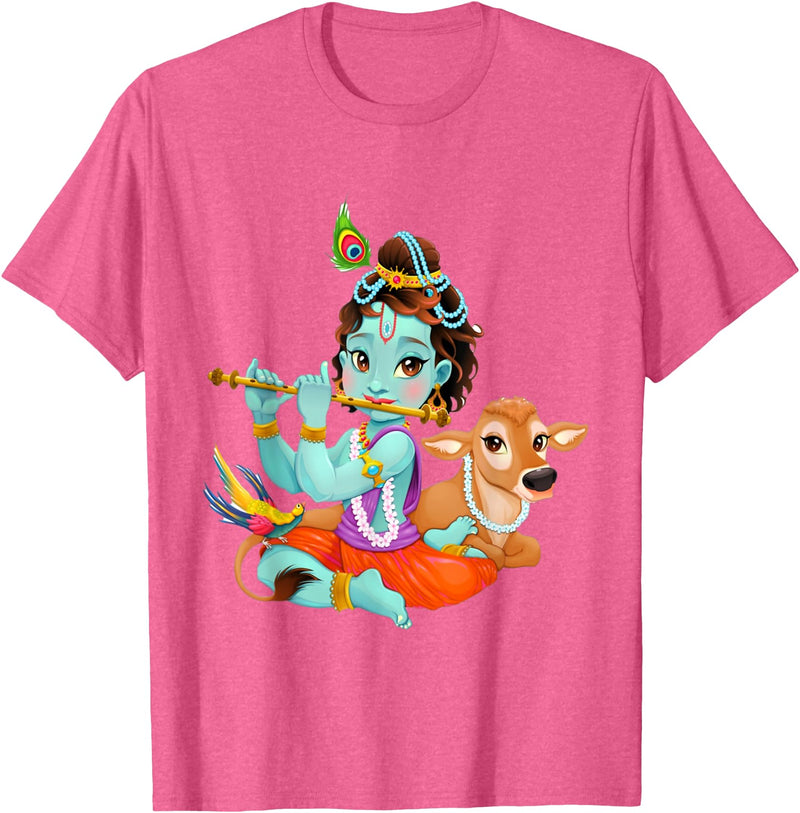 Clever Witty Designs Hindu god Lord Shri Krishna with a Cow and a Bird T-Shirt - Pink Heather