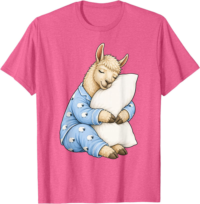 Funny Sleepy Llama Animal Lovers Pajama Llama Sleeping in Cute Pajamas Sleep T-Shirt - Pink Heather