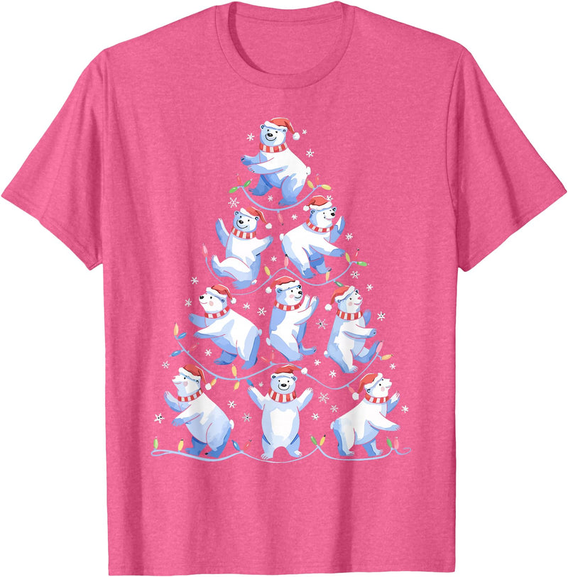 White Giant Christmas Tree Lights Santa Hats Polar Bear Christmas Tree Funny Ice Bear Holiday T-Shirt - Pink Heather
