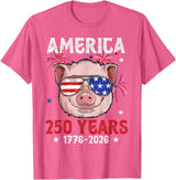 Pig Face 4th of July 1776-2026 Anniversary 250th Pig Sunglasses American Flag America 250 Years Tee 250yr Tee T-Shirt - Pink Heather