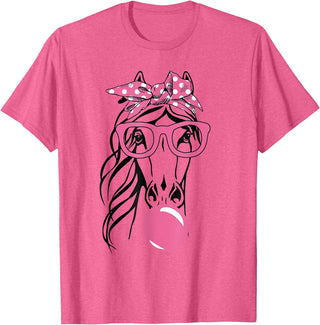 Funny Horses Lover Ladies Cute Horse Bandana Headband Glasses T-Shirt - Pink Heather