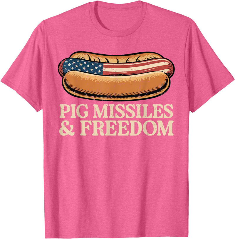 Funny Hot Dog BBQ 4th of July Tees Pig Missiles and Freedom 4th of July Patriotic Hotdog T-Shirt - Pink Heather