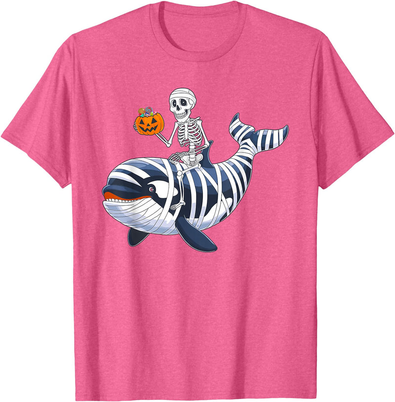 Orca Skeleton Halloween Whale Apparel Co. Skeleton Riding Mummy Orca Halloween Candy Whale T-Shirt - Pink Heather