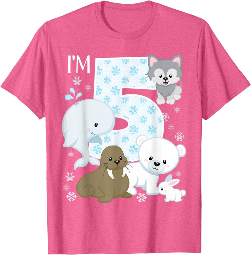 Arctic Animals Birthday Party Family Matching Bday Arctic Animals 5th Birthday Polar Bear Walrus Fox Sea Theme T-Shirt - Pink Heather