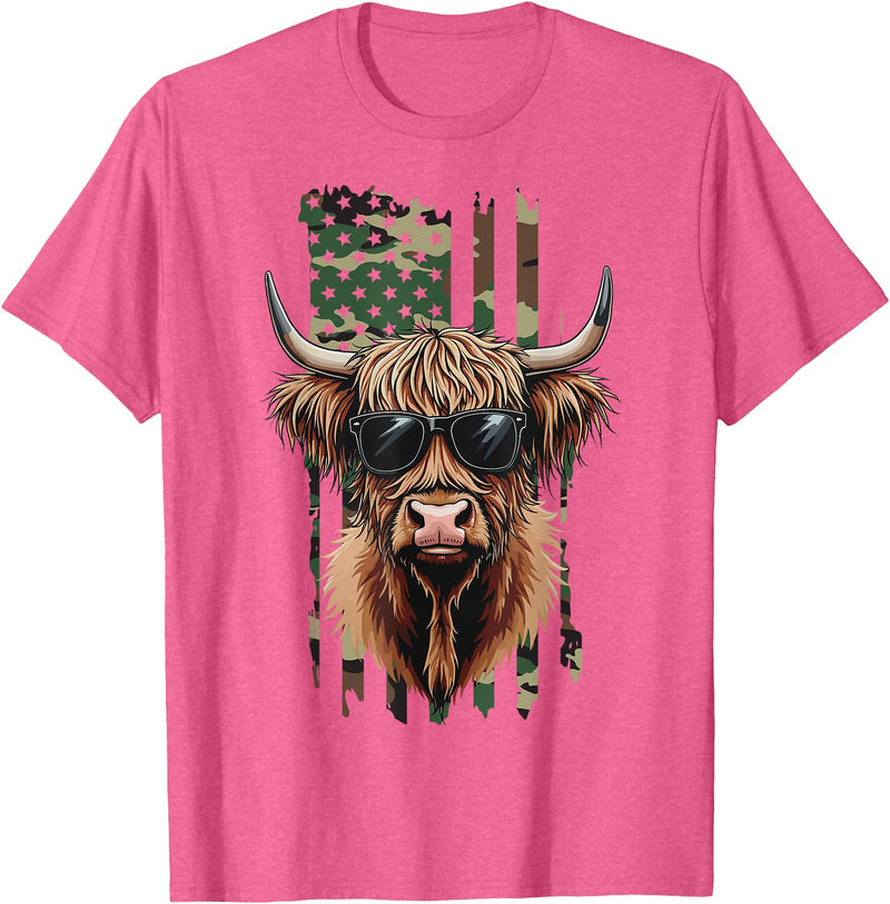 Highland Cow by AKH Highland Cow Camo American Flag, Patriotic Highland Cow T-Shirt - Pink Heather