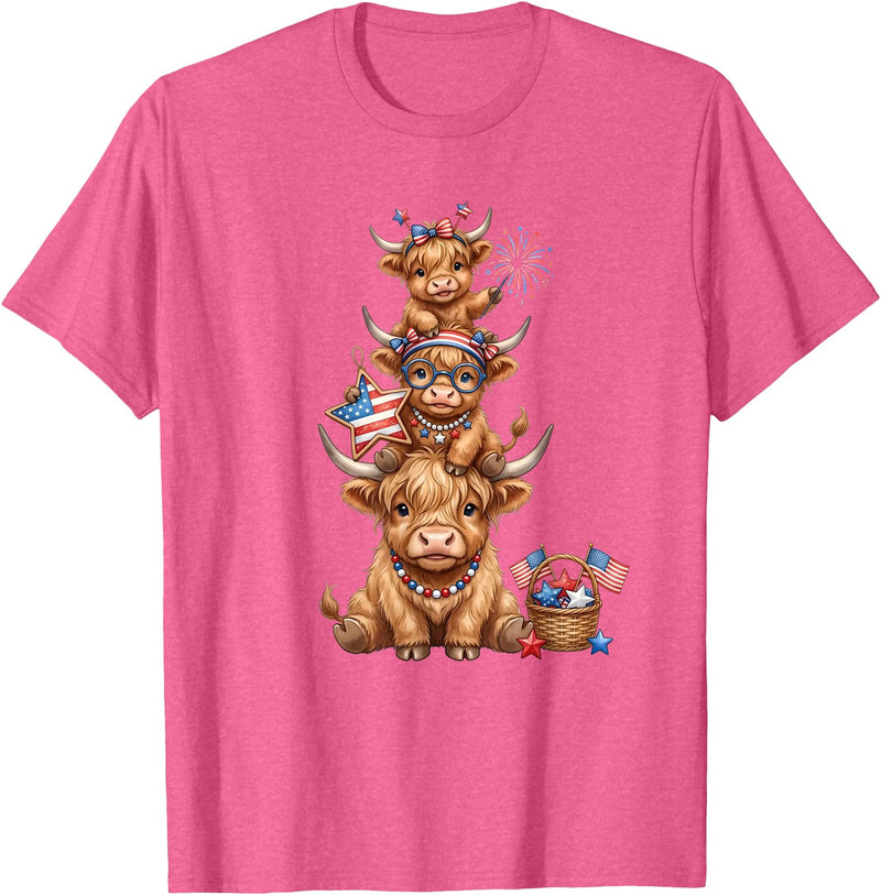 Funny 4th Of July Highland Cow Apparel Cute Highland Cow 4th of July Patriotic American Flag T-Shirt - Pink Heather