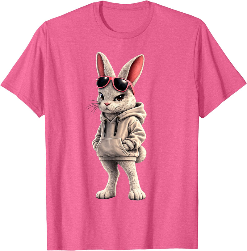 Cool Rabbit Wearing and Sunglasses Funny Rabbit Hoodie in Pink Heather