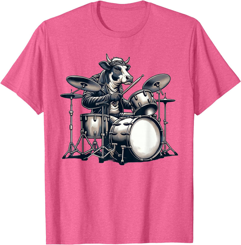 Cute Cow Playing Drums Cow Lover Apparel Cute Cow Playing Drums Cows Drummer Music T-Shirt - Pink Heather