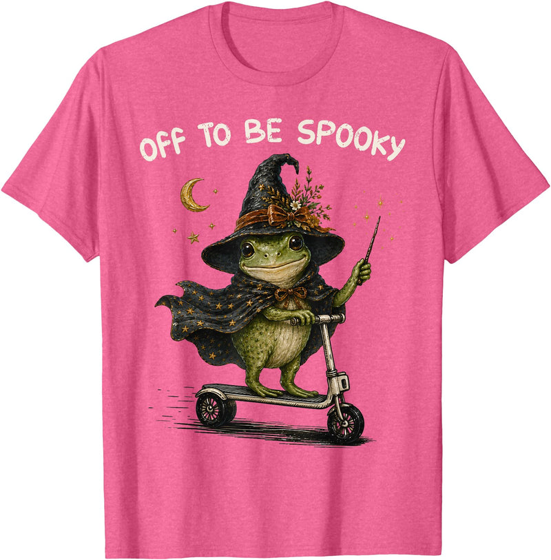 Funny Witch Frog Off To Be Spooky Halloween T-Shirt - Pink Heather